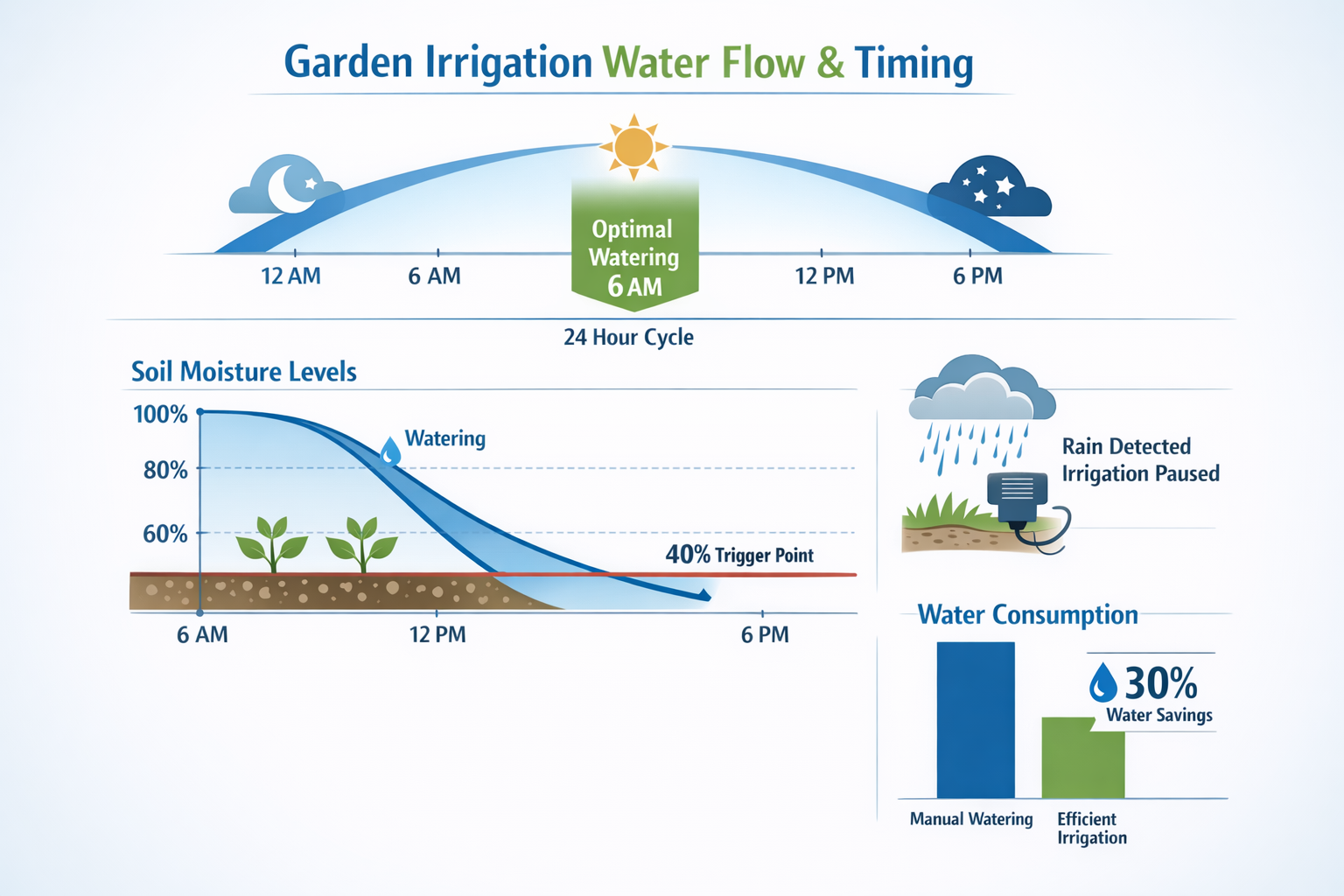 Bewässerungszyklen und Wassereinsparung Diagramm zeigt optimale Gießzeiten und 30% Wasserersparnis