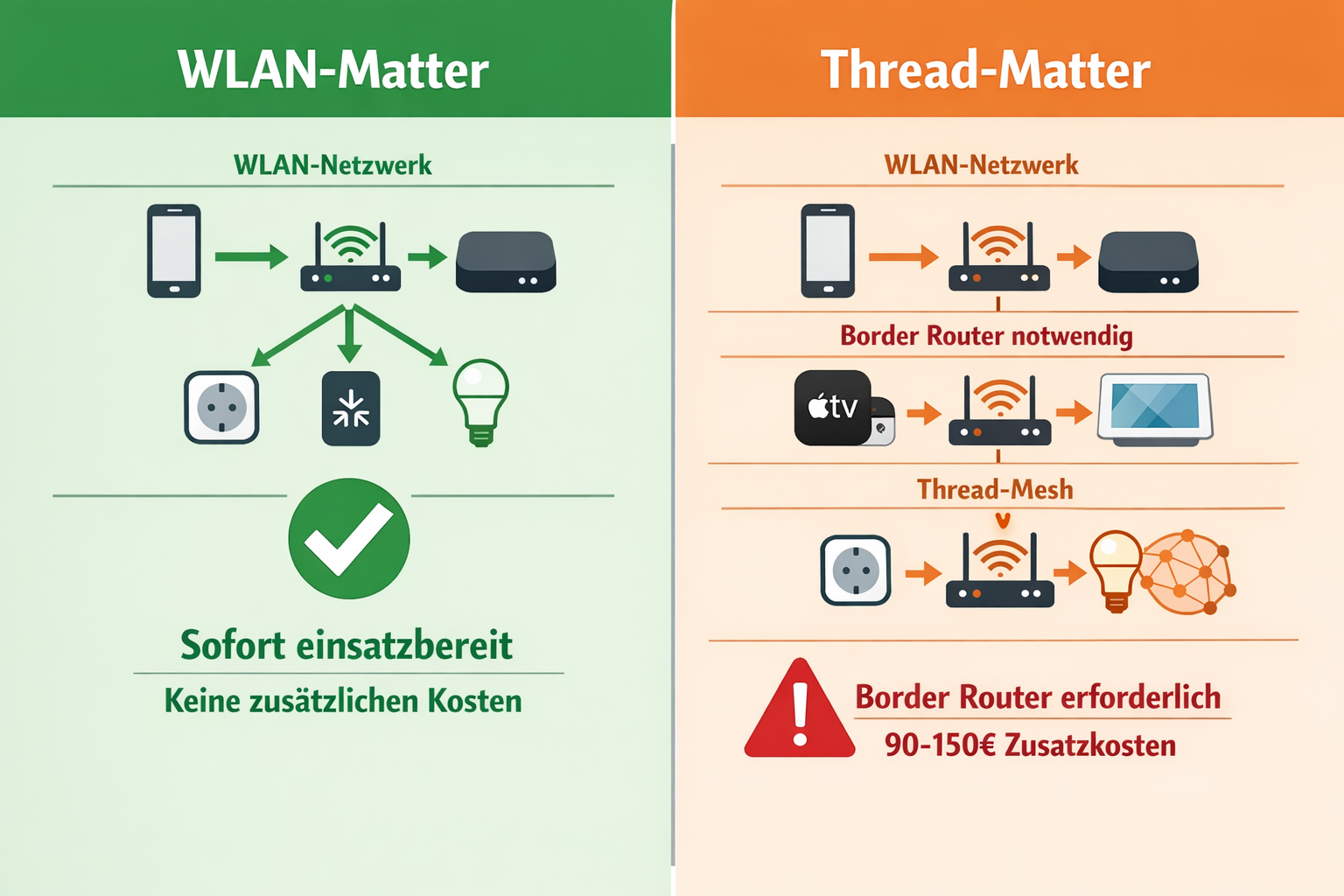 Vergleich WLAN-Matter ohne Hub vs Thread-Matter mit Border Router Kosten