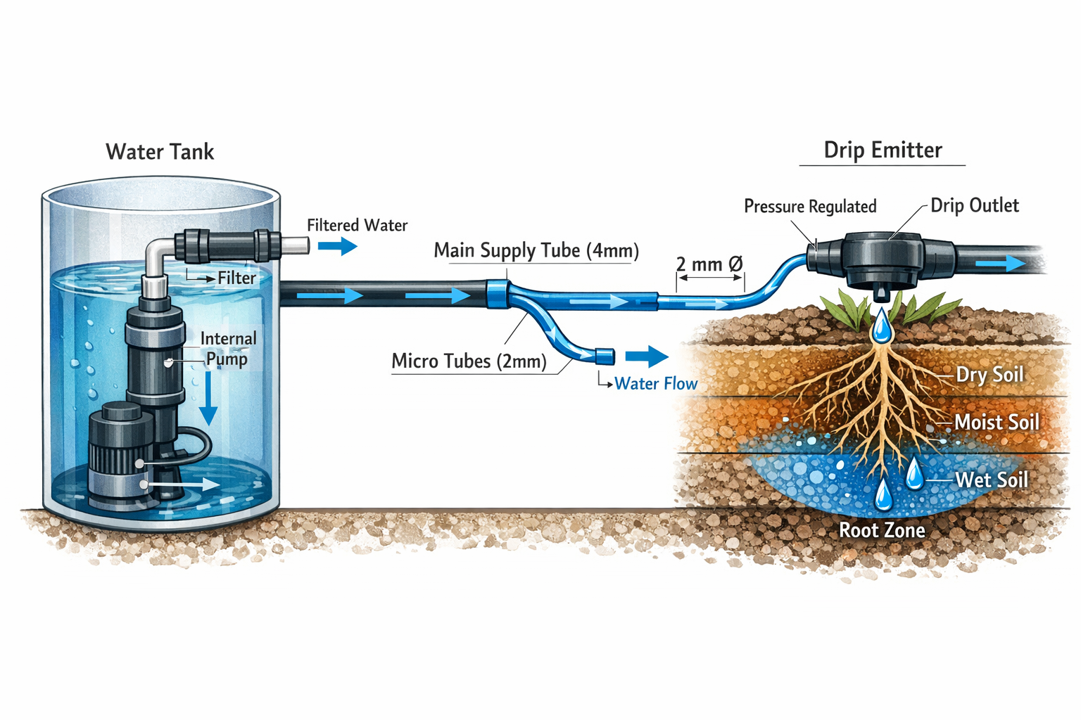 Technische Querschnitt-Darstellung der Tropfbewässerung mit Wasserfluss und Tropfenbildung an Pflanzenwurzeln