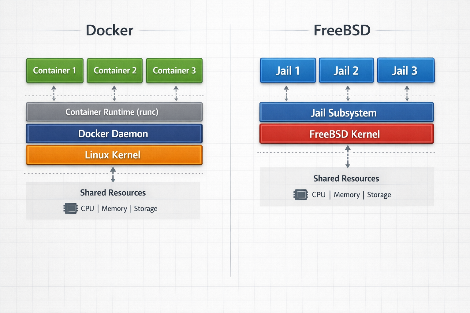 Docker Container vs FreeBSD Jail Architektur-Schichten Vergleichsdiagramm