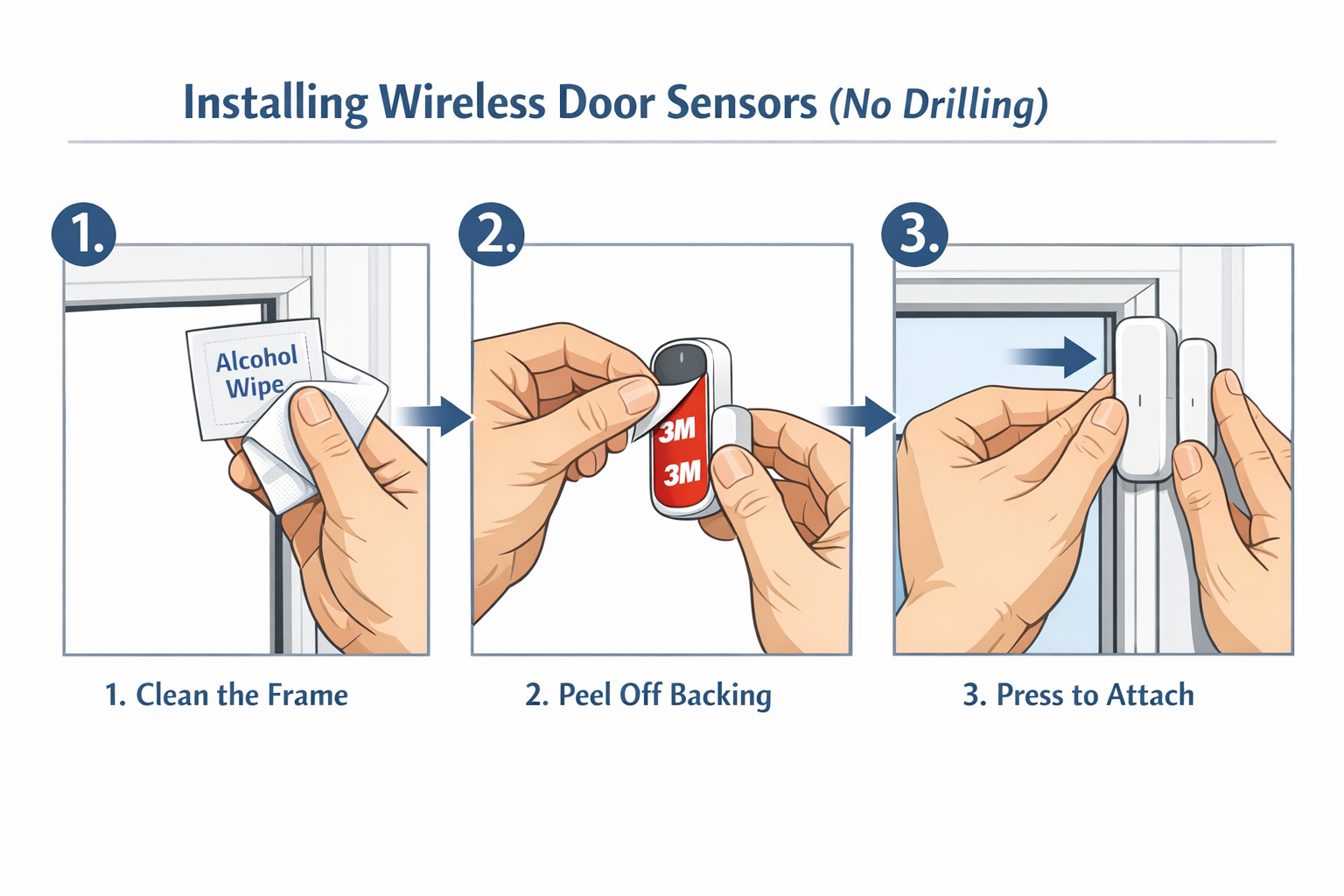 Installationsanleitung für kabellose Fenstersensoren ohne Bohren - Schritt-für-Schritt Diagramm