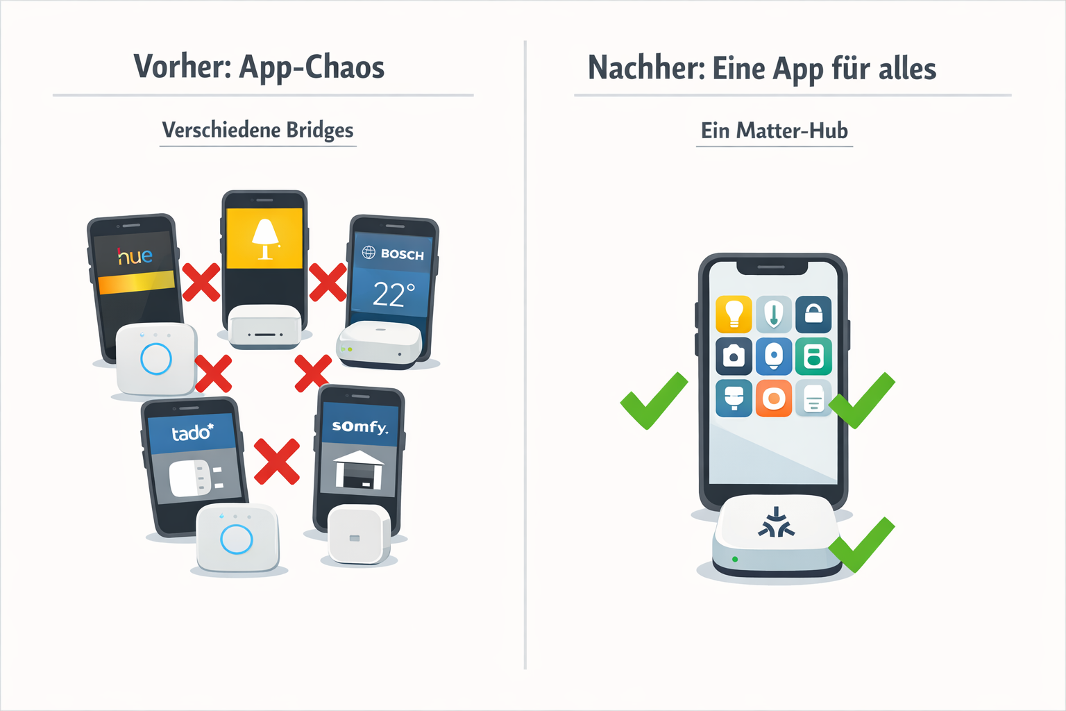 Vergleichsdiagramm traditionelles Smart Home vs Matter System mit App-Vereinfachung