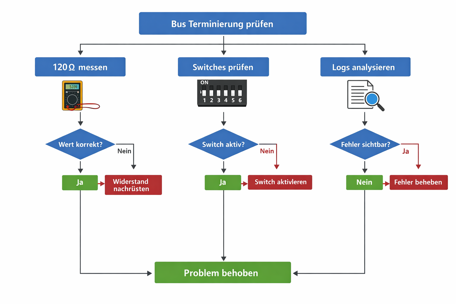 Flussdiagramm zur systematischen Diagnose von Homematic Wired Bus Terminierungsproblemen