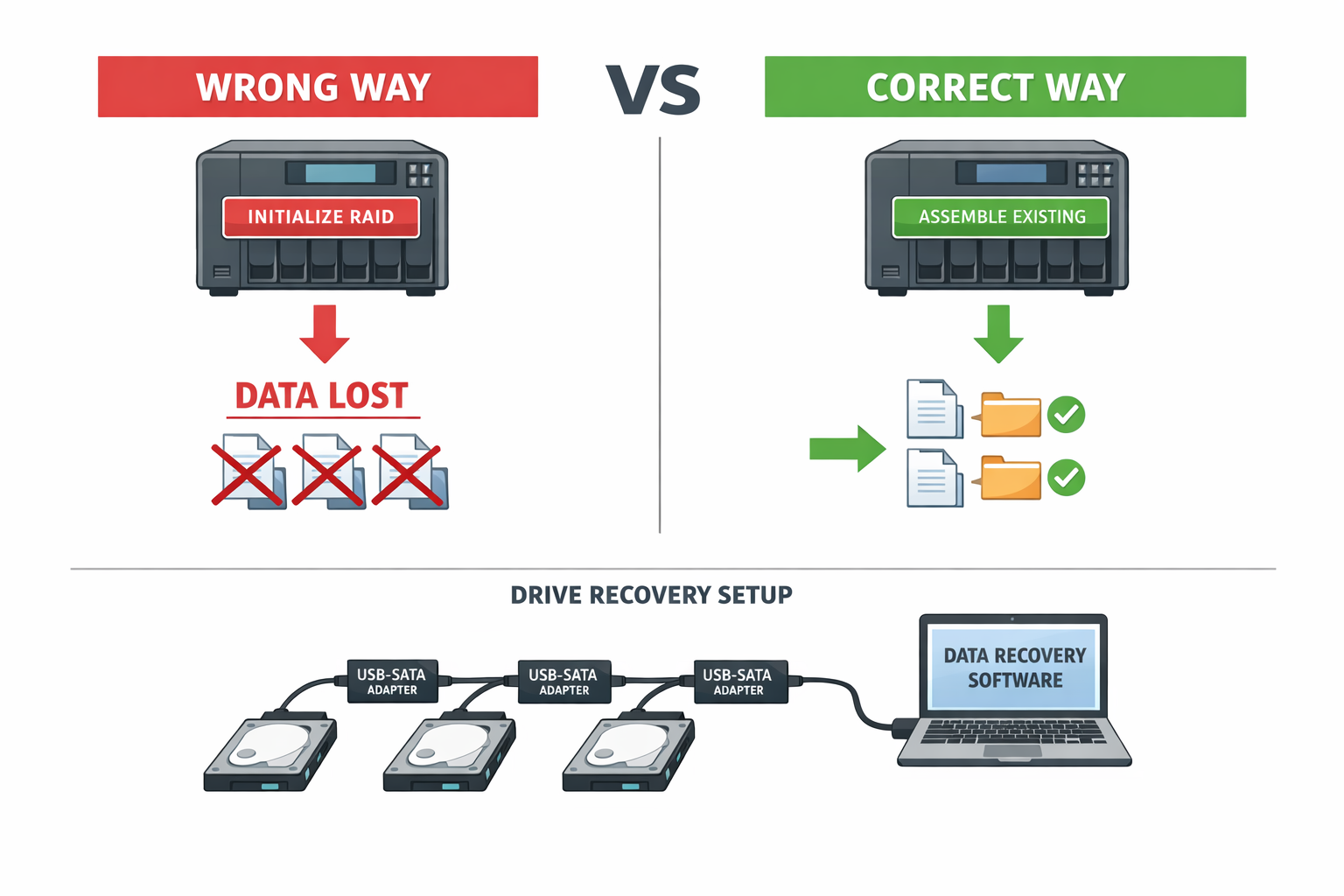 Vergleichsdiagramm falsche vs. richtige Methode bei RAID Controller Ausfall - Initialize vs. Assemble