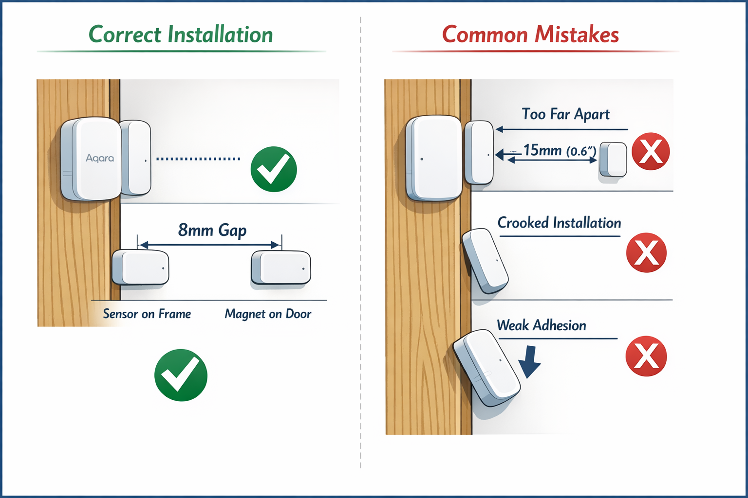 Installationsanleitung für Türsensoren - korrekte Montage vs. häufige Fehler mit Abstandsmessungen