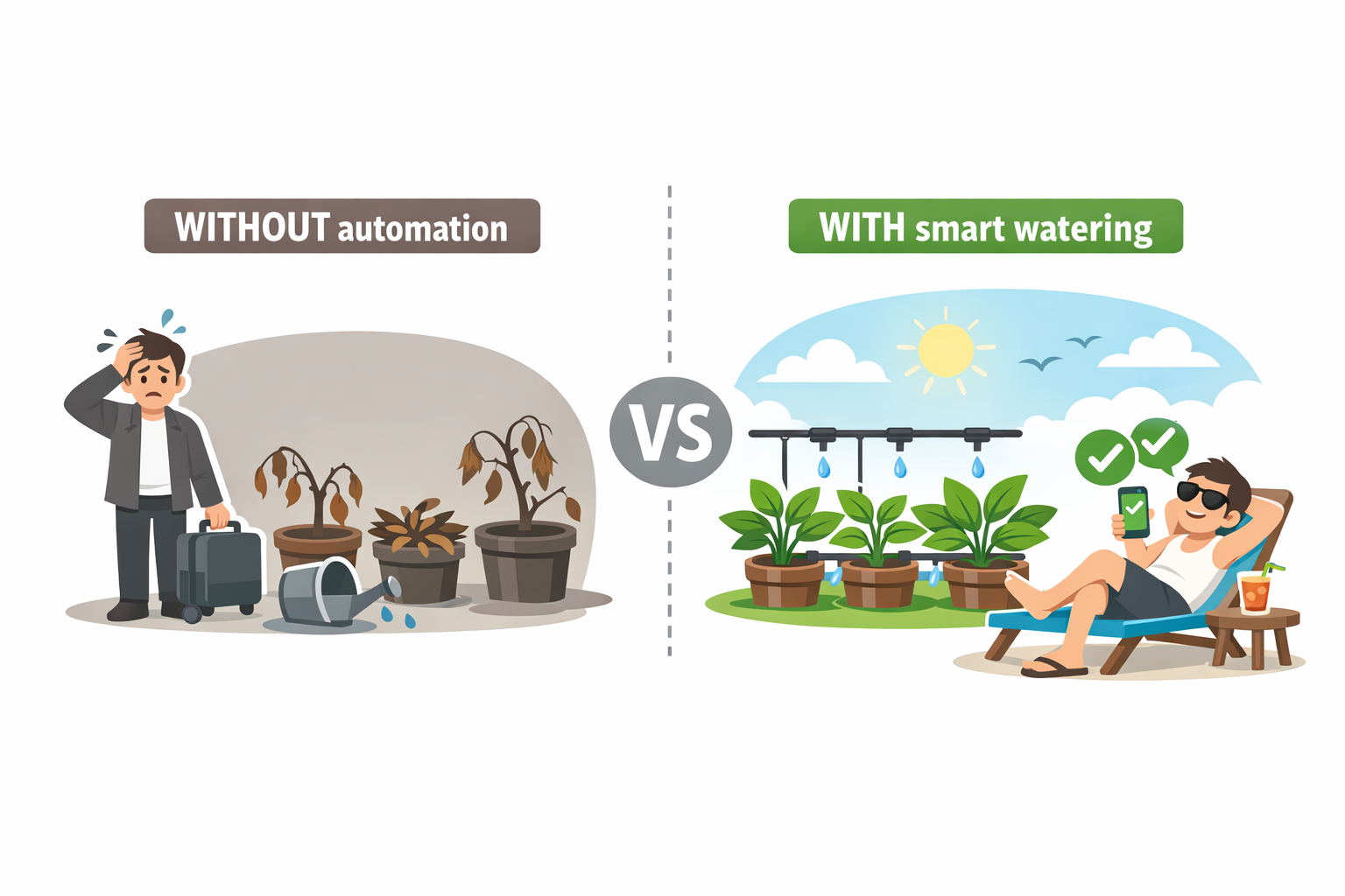 Vergleichsdiagramm zeigt Unterschied zwischen manueller und automatischer Pflanzenbewässerung im Urlaub