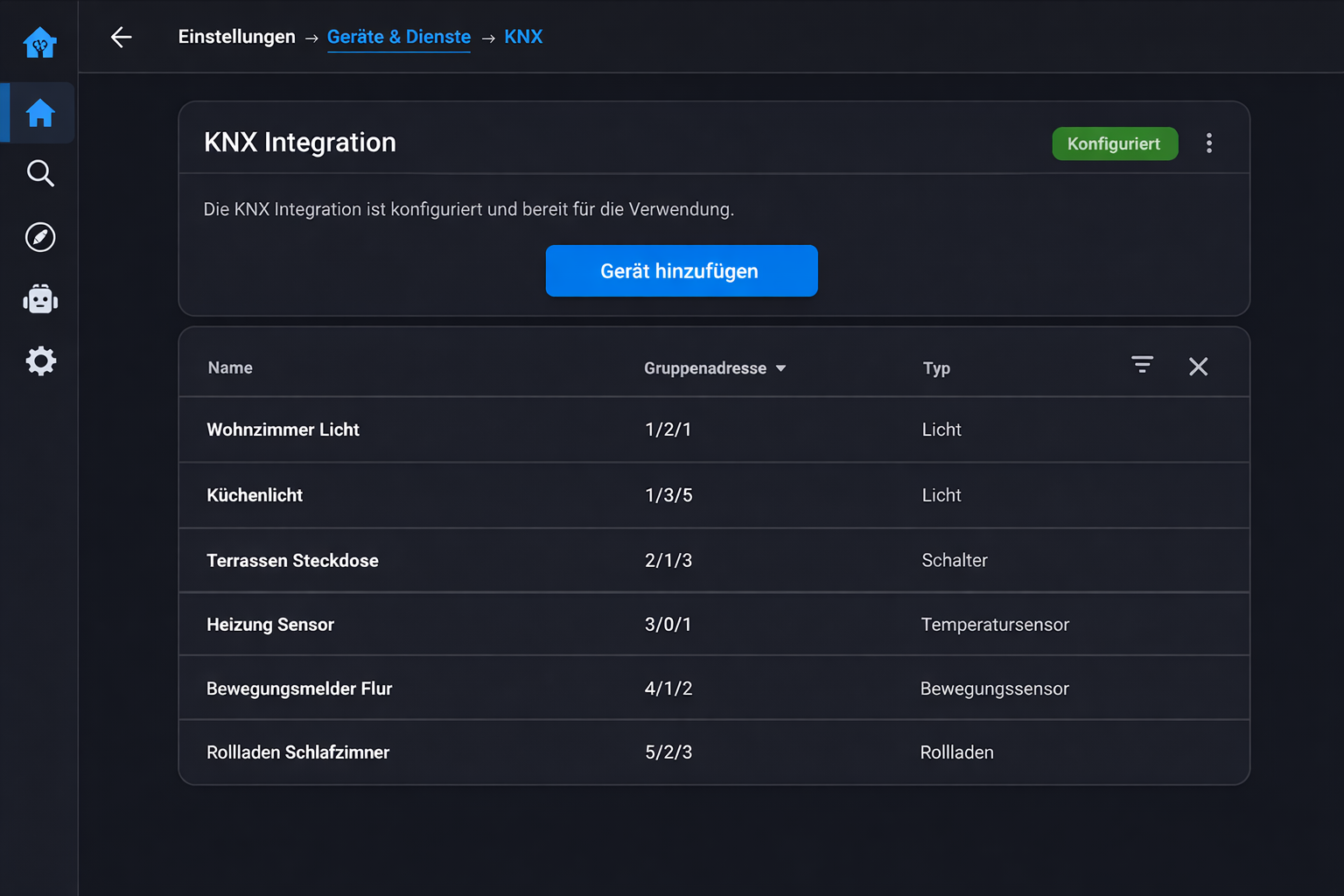 Home Assistant KNX Integration Konfigurationsseite mit Geräteliste und Einstellungen