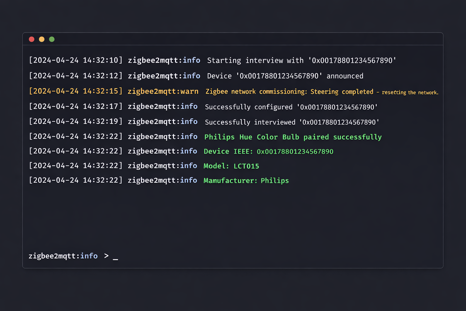 Terminal Screenshot Zigbee2MQTT Philips Hue Lampe erfolgreich gekoppelt ohne Bridge