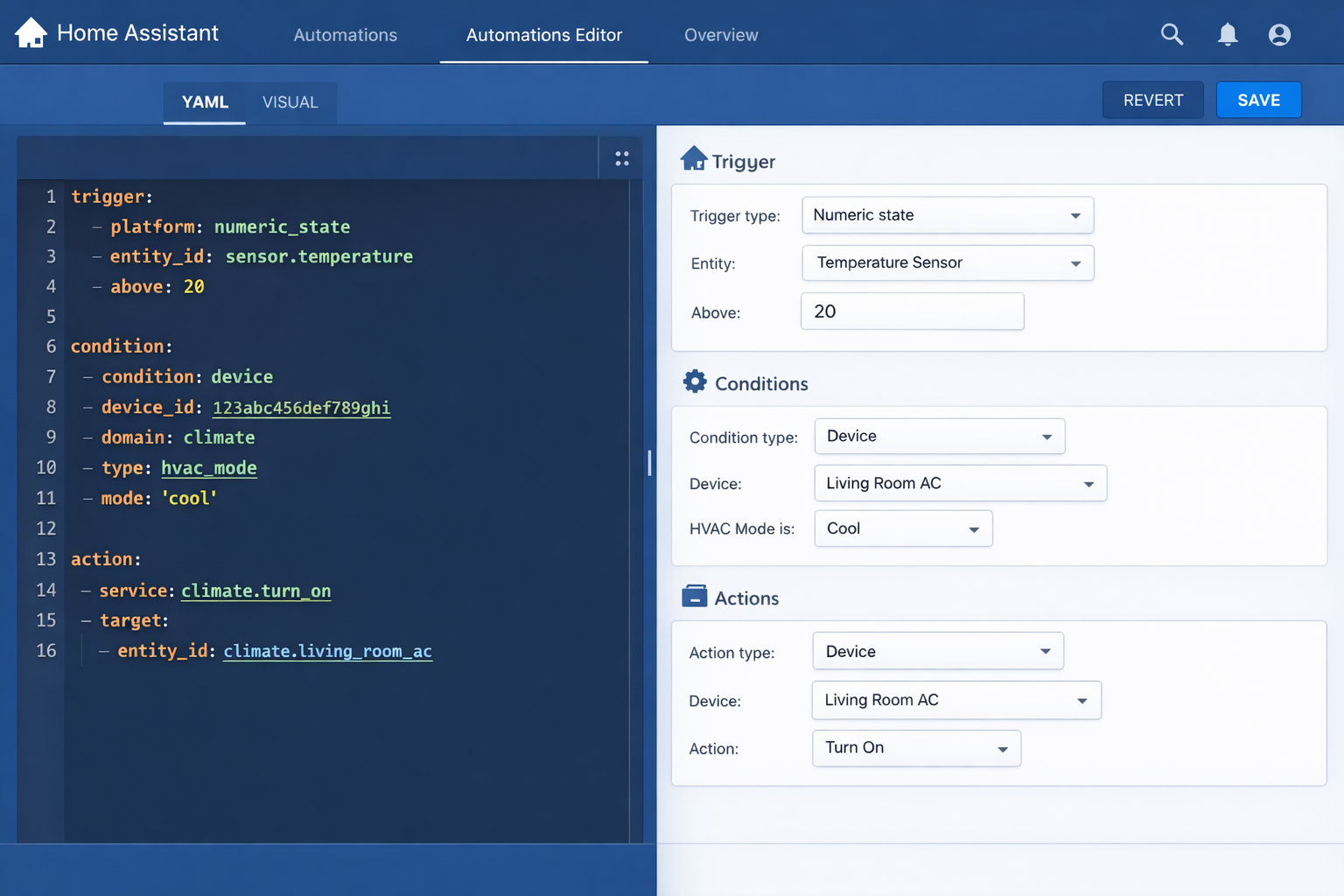 Home Assistant Automation-Editor mit YAML-Code und visueller GUI-Ansicht für Smart Home Regeln
