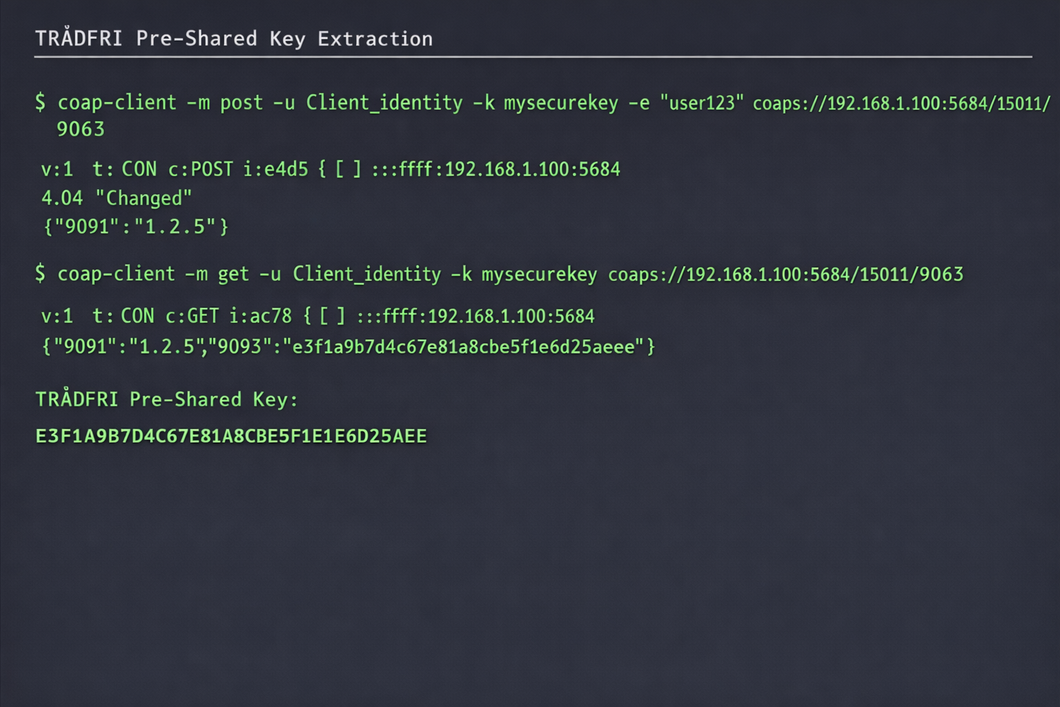 Terminal Screenshot mit TRÅDFRI Pre-Shared Key Extraktion Befehlen