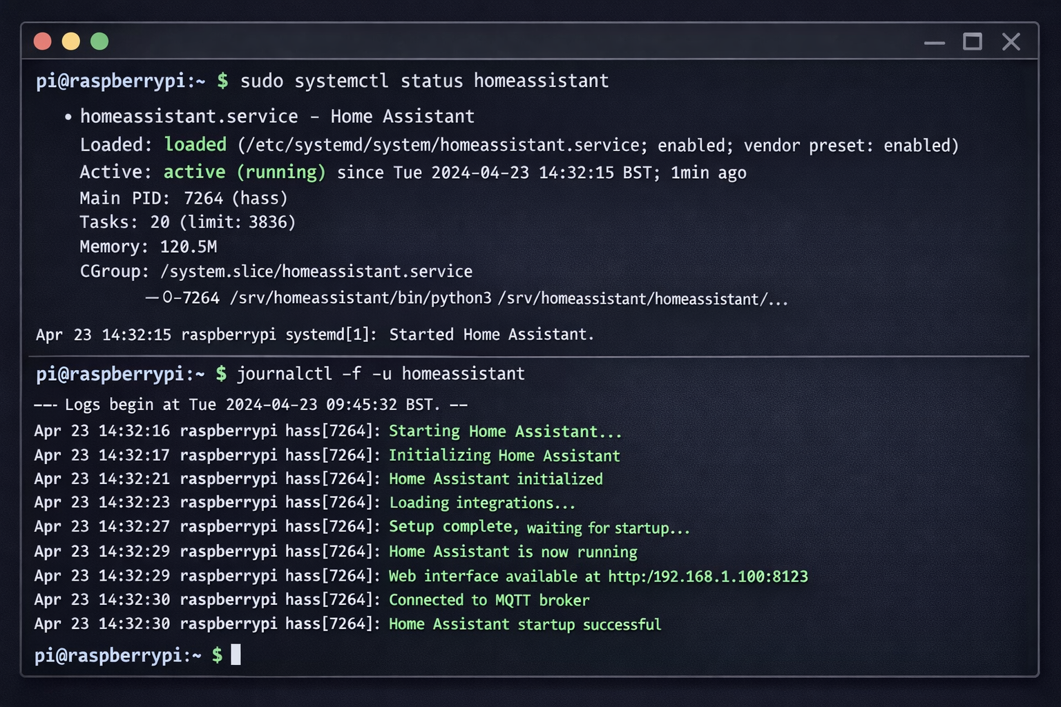 Raspberry Pi Terminal mit Home Assistant Installation und Systemstatus Ausgabe