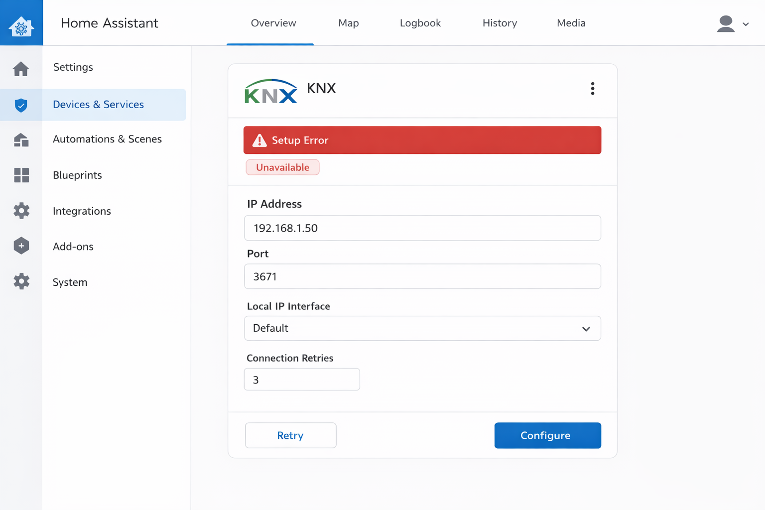 Home Assistant KNX Integration Konfiguration mit Setup-Fehler und Offline-Status
