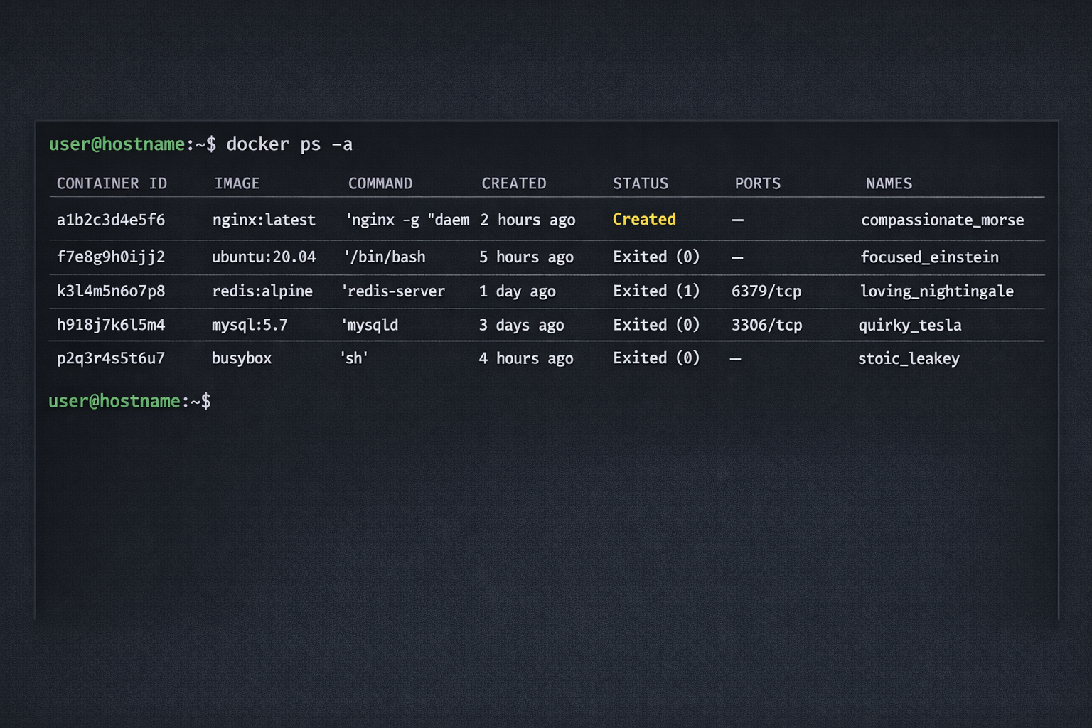 Docker ps -a Ausgabe zeigt Container Status Created statt Exited bei Exit Code 125