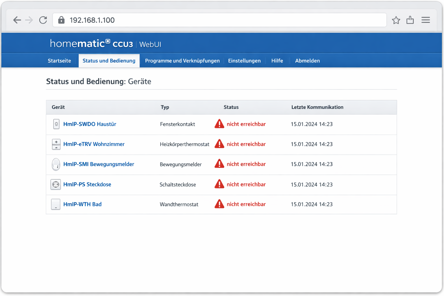 Homematic CCU3 WebUI zeigt mehrere nicht erreichbare Smart Home Geräte nach VLAN-Konfiguration