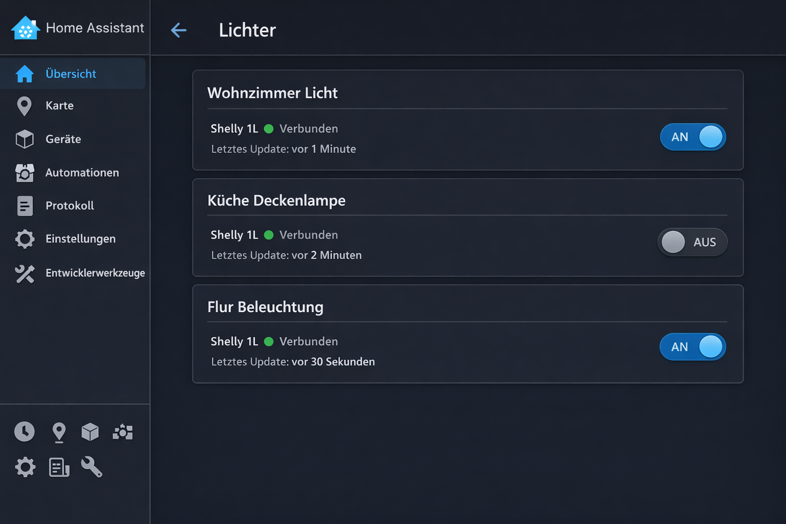 Home Assistant Dashboard mit Shelly 1L Lichtschaltern - Smart Home Benutzeroberfläche