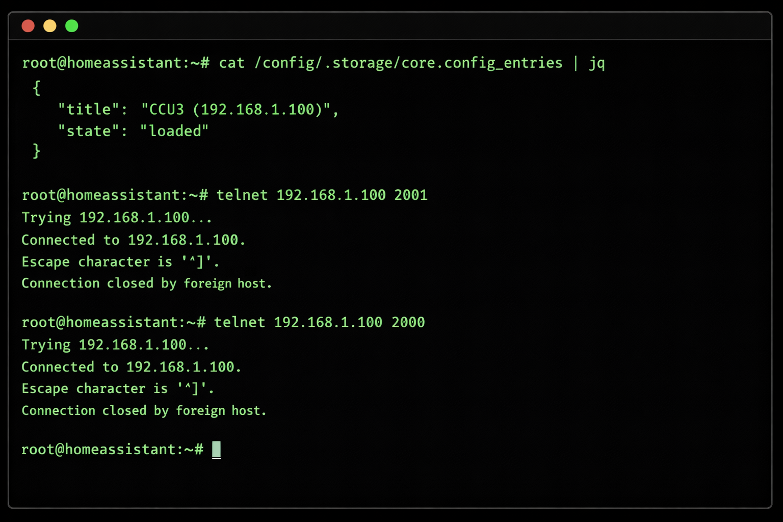Terminal-Diagnose der Homematic CCU3 Integration Status mit JSON-Ausgabe und Verbindungstest