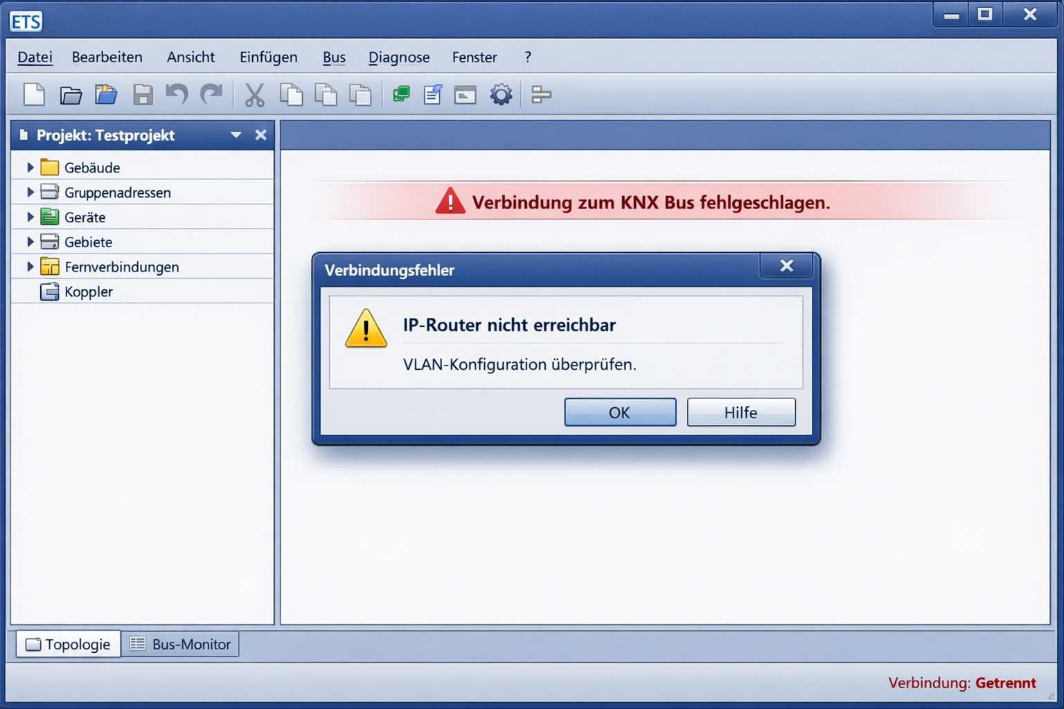 ETS Software Fehlermeldung Screenshot - IP-Router nicht erreichbar in VLAN-Konfiguration