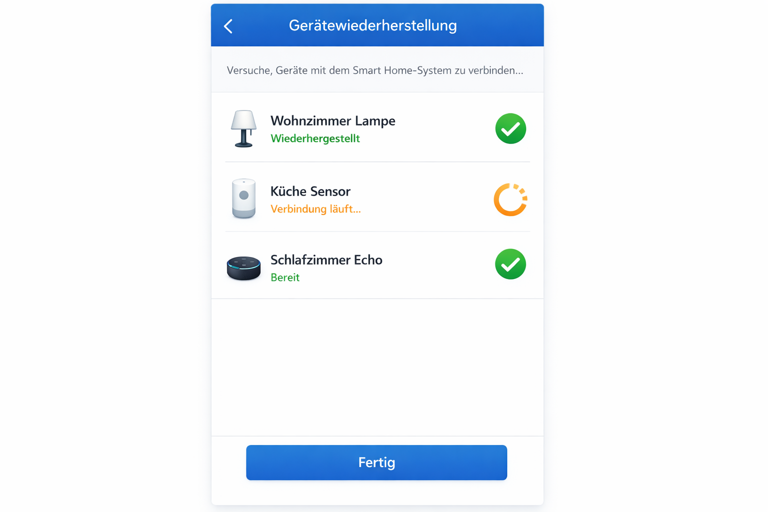 Smart Home App Screenshot zeigt Geräte-Wiederherstellung nach Umzug mit Status-Anzeigen