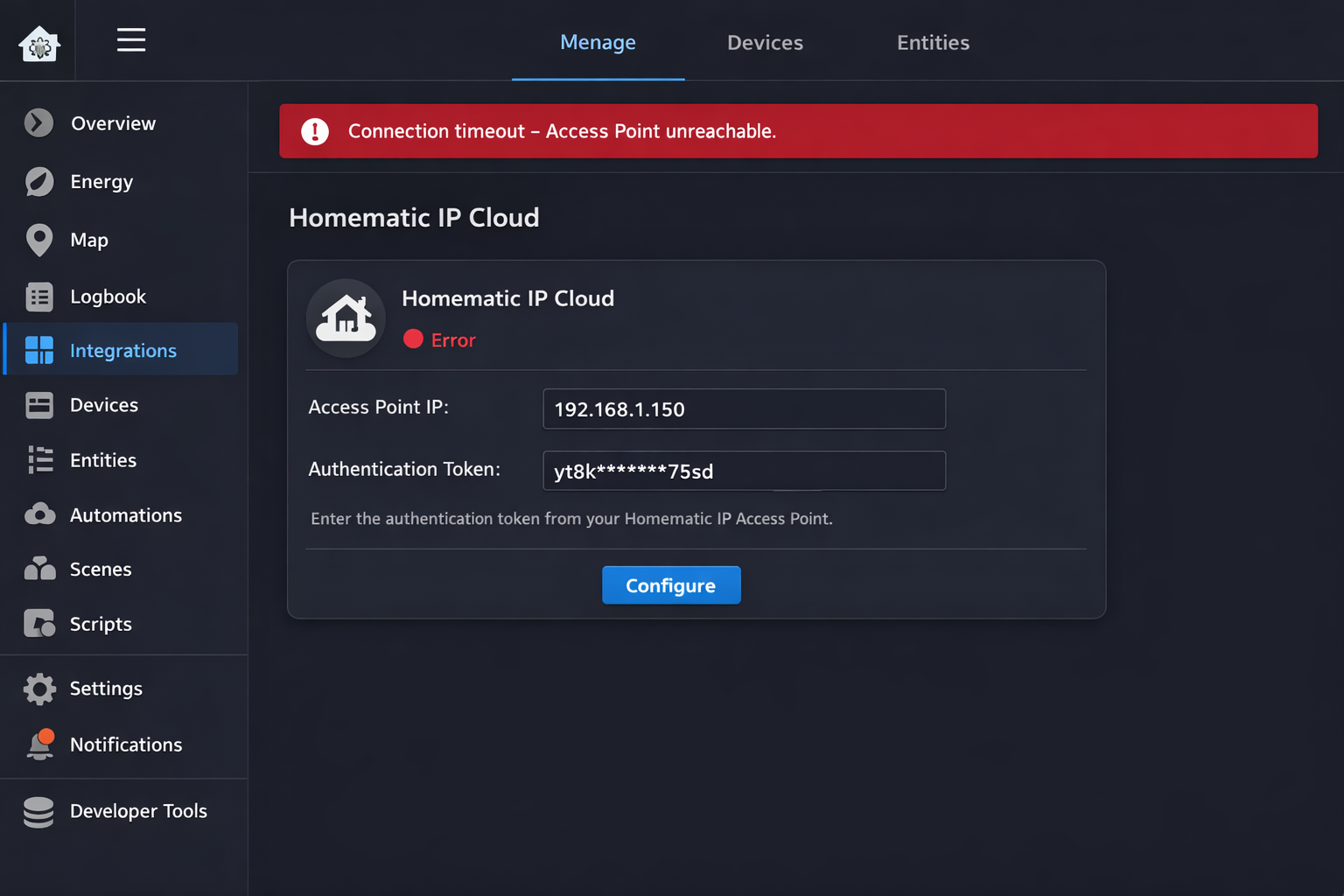 Home Assistant Homematic IP Integration Konfiguration mit Verbindungsfehlern