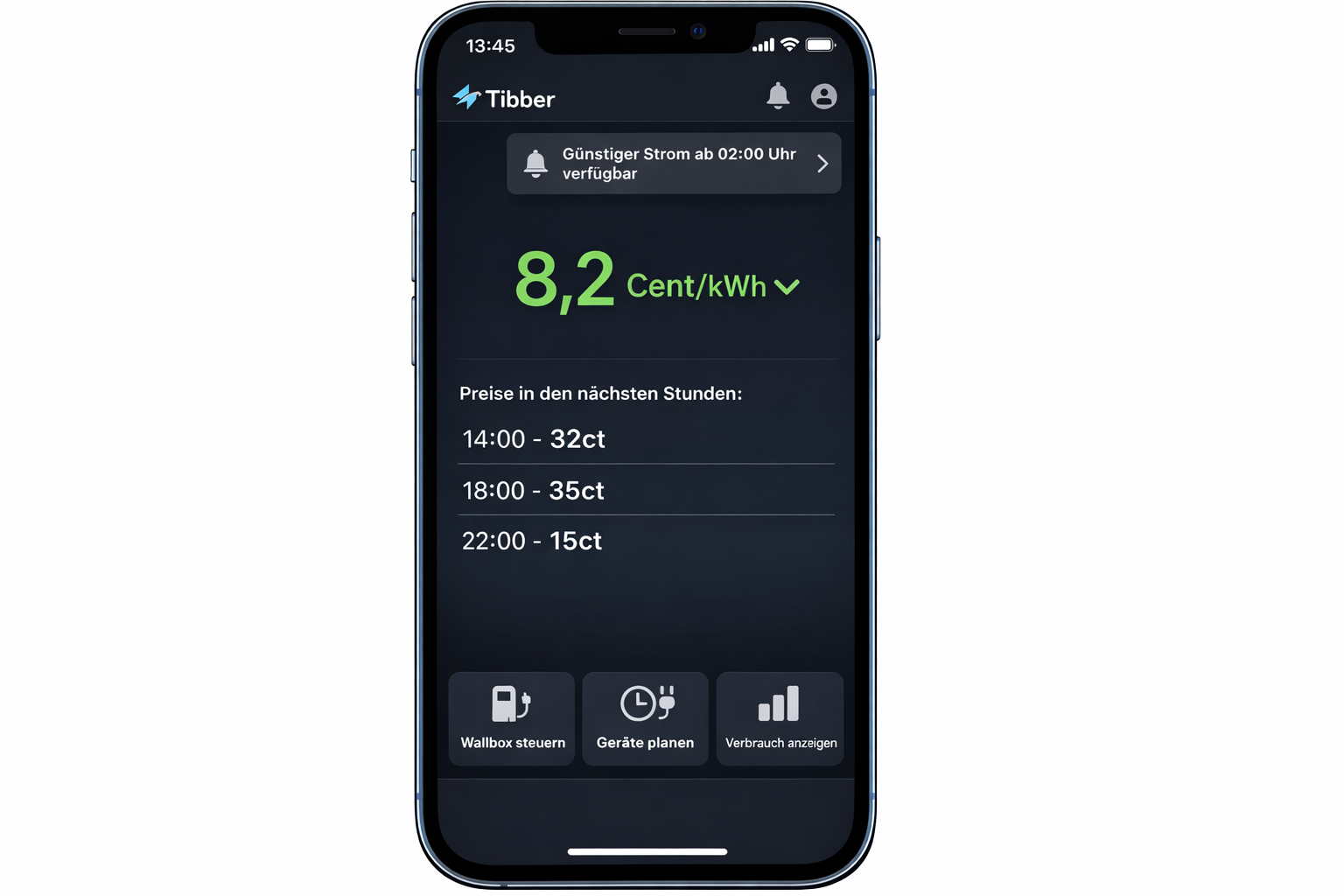 Tibber Smartphone App mit aktuellen Strompreisen und Wallbox-Steuerung