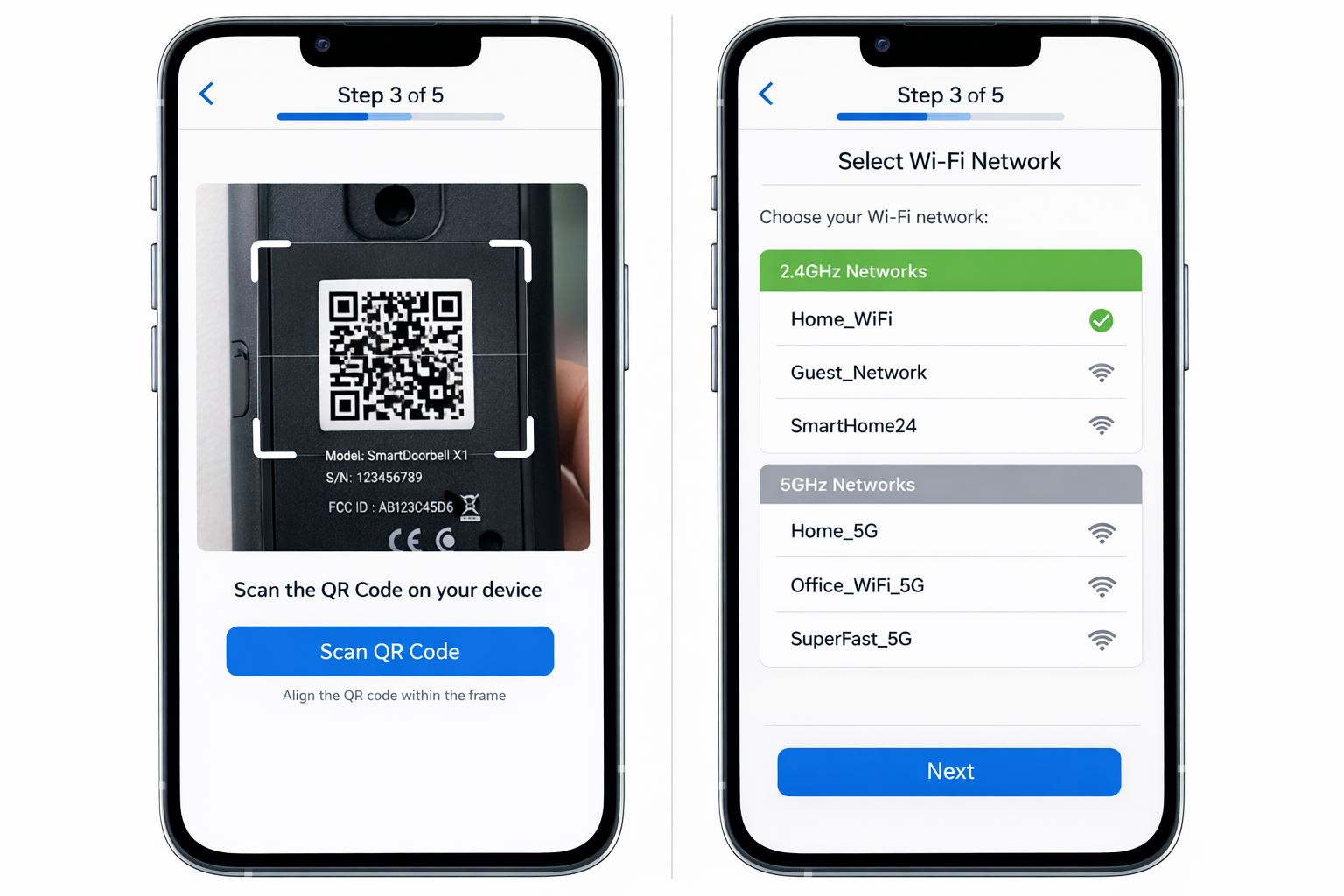 Video-Türklingel App-Setup mit QR-Code-Scanner und WLAN-Netzwerk-Auswahl