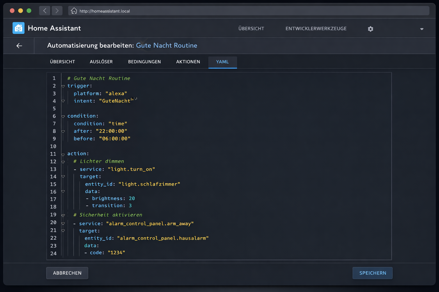Home Assistant YAML Automatisierung-Editor für Alexa Sprachsteuerung Routinen mit deutschem Code