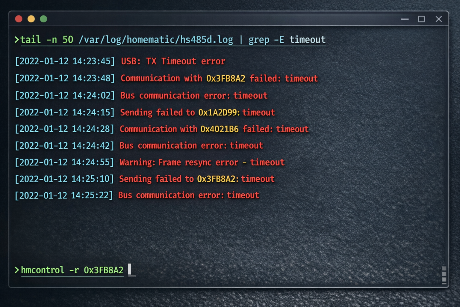 Terminal-Analyse der Homematic hs485d Log-Datei zeigt Bus-Kommunikationsfehler