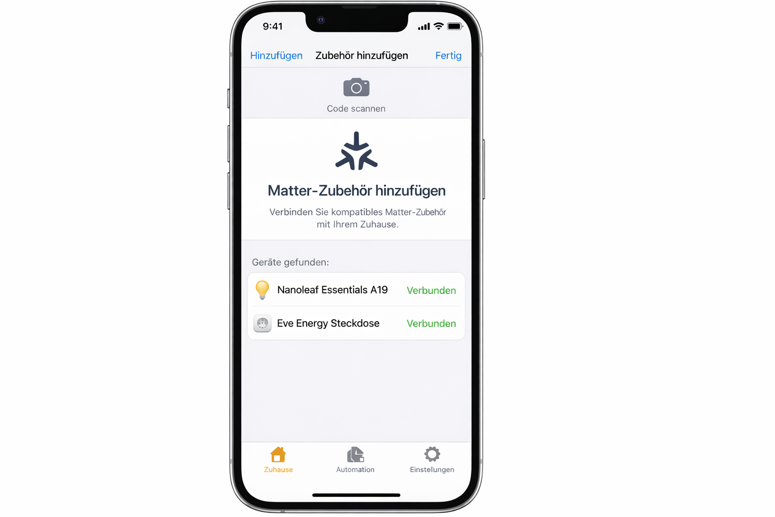 Apple Home App Screenshot mit Matter-Geräten Nanoleaf Lampe und Eve Energy Steckdose