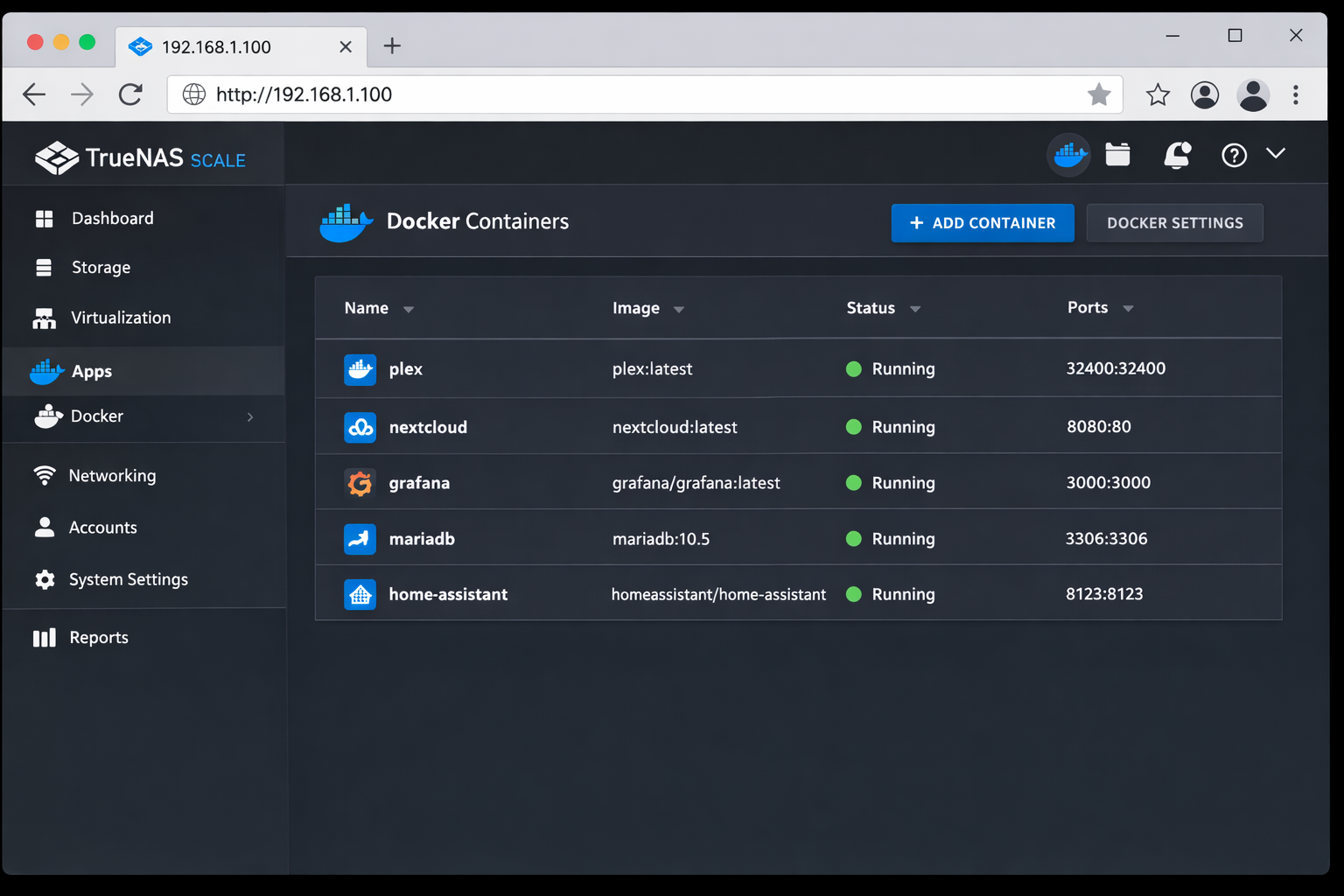 TrueNAS SCALE Web-Interface Docker Container Management Dashboard