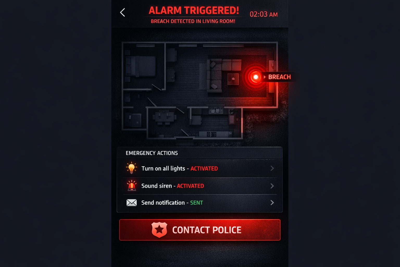 Smart Home App Notfall-Ansicht mit ausgelöstem Fensteralarm und automatischen Sicherheitsmaßnahmen