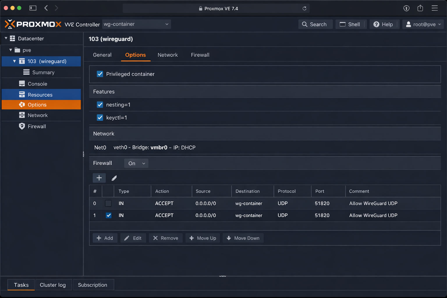 Proxmox Web-Interface: LXC Container-Konfiguration für WireGuard VPN mit privilegierten Einstellungen