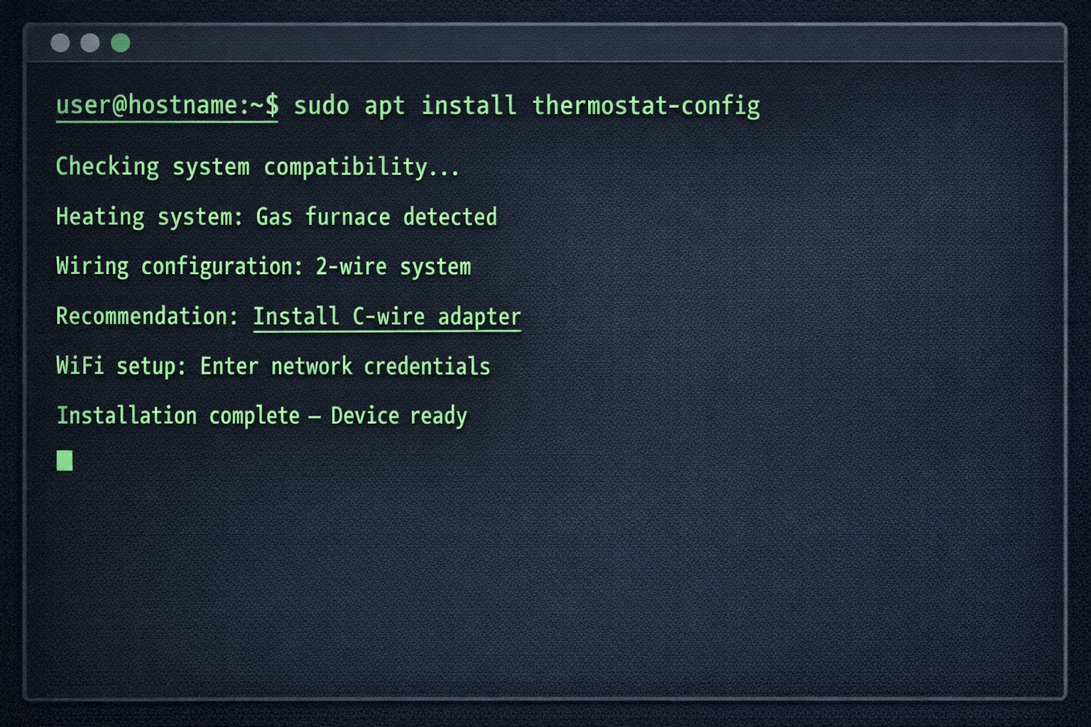 Terminal-Ausgabe der Thermostat-Konfiguration mit Systemerkennung und Installationsschritten