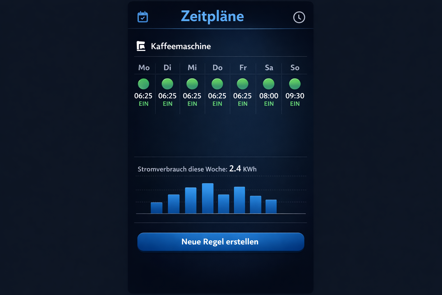Smart Home App Zeitplan Interface für automatische Kaffeemaschinen Steuerung