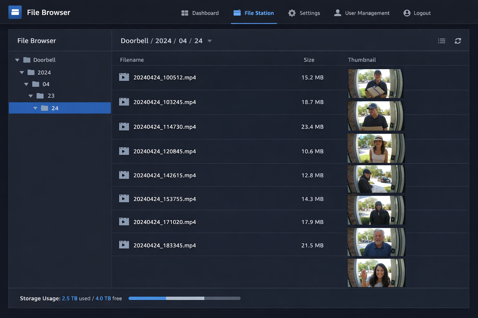 NAS Web-Interface mit gespeicherten Video-Türklingel Aufnahmen im lokalen Speicher
