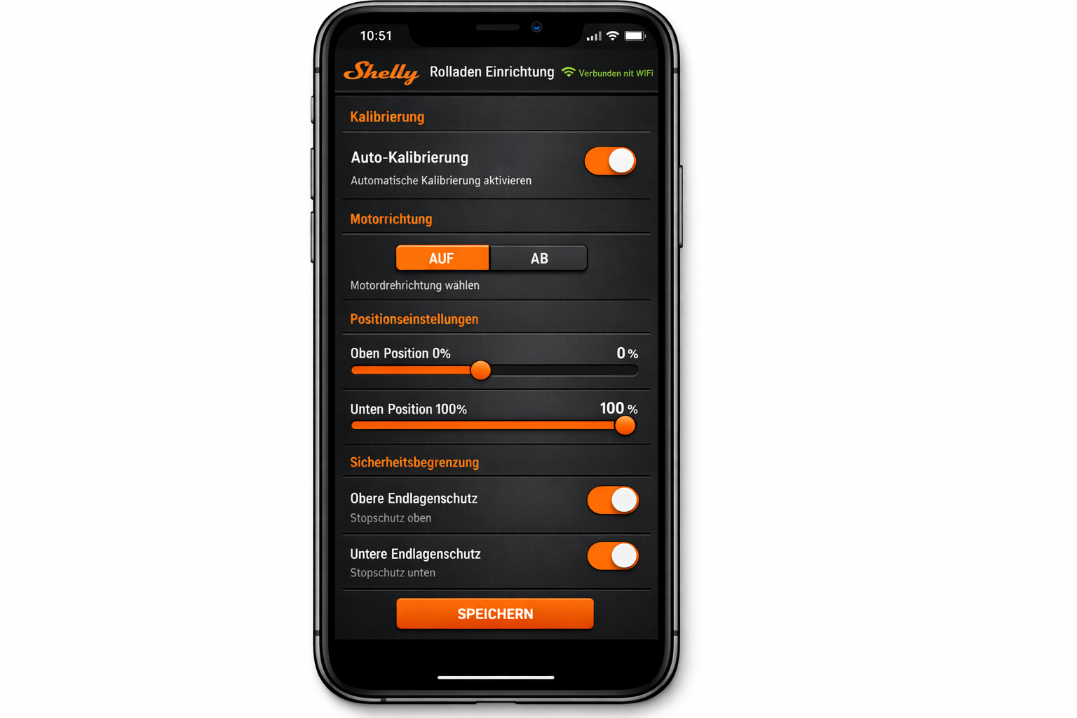 Shelly App Konfigurationsbildschirm für Rolladen-Einrichtung und Kalibrierung