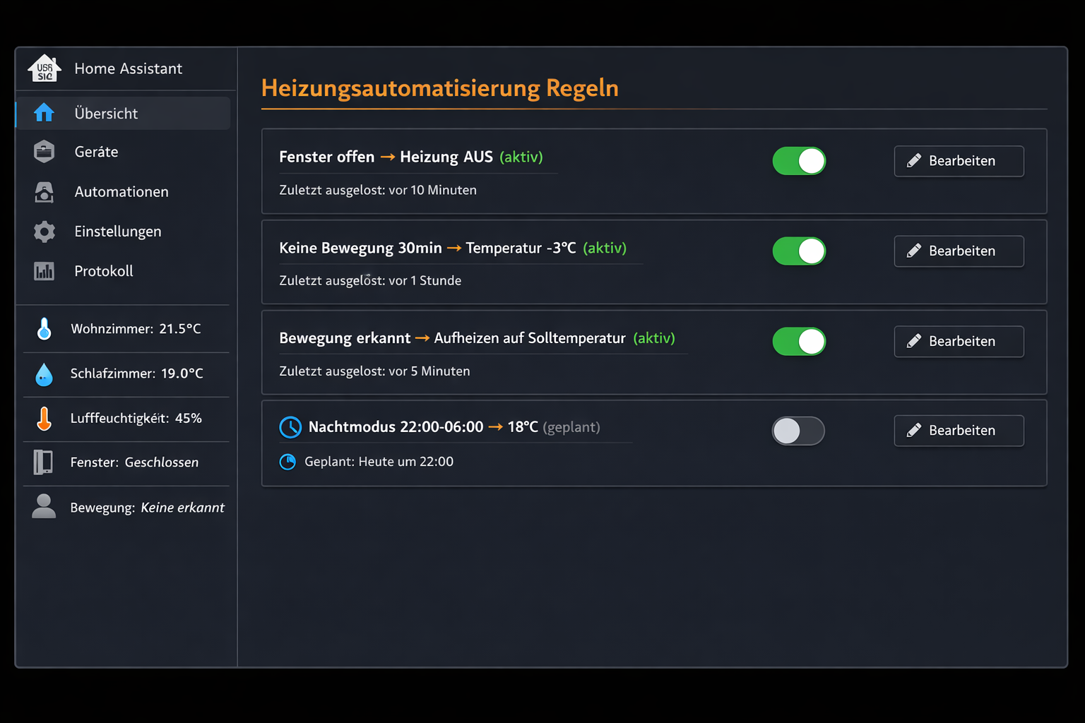 Home Assistant Dashboard Screenshot mit Automatisierungsregeln für intelligente Heizungssteuerung