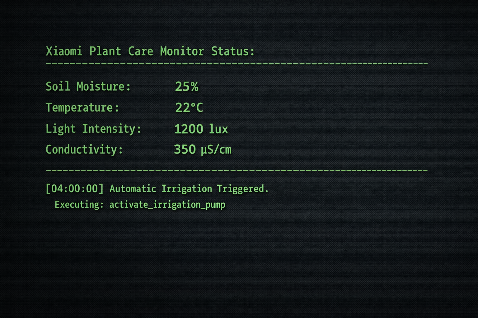 Terminal-Ausgabe <strong><a class="affiliate-link affiliate-amazon" href="https://www.amazon.de/s?k=Xiaomi+Plant+Care+Monitor&tag=technikkram-21" rel="nofollow sponsored noopener" target="_blank">Xiaomi Plant Care Monitor Preis prüfen</a></strong> mit Bodenfeuchtigkeit und Bewässerungsauslösung