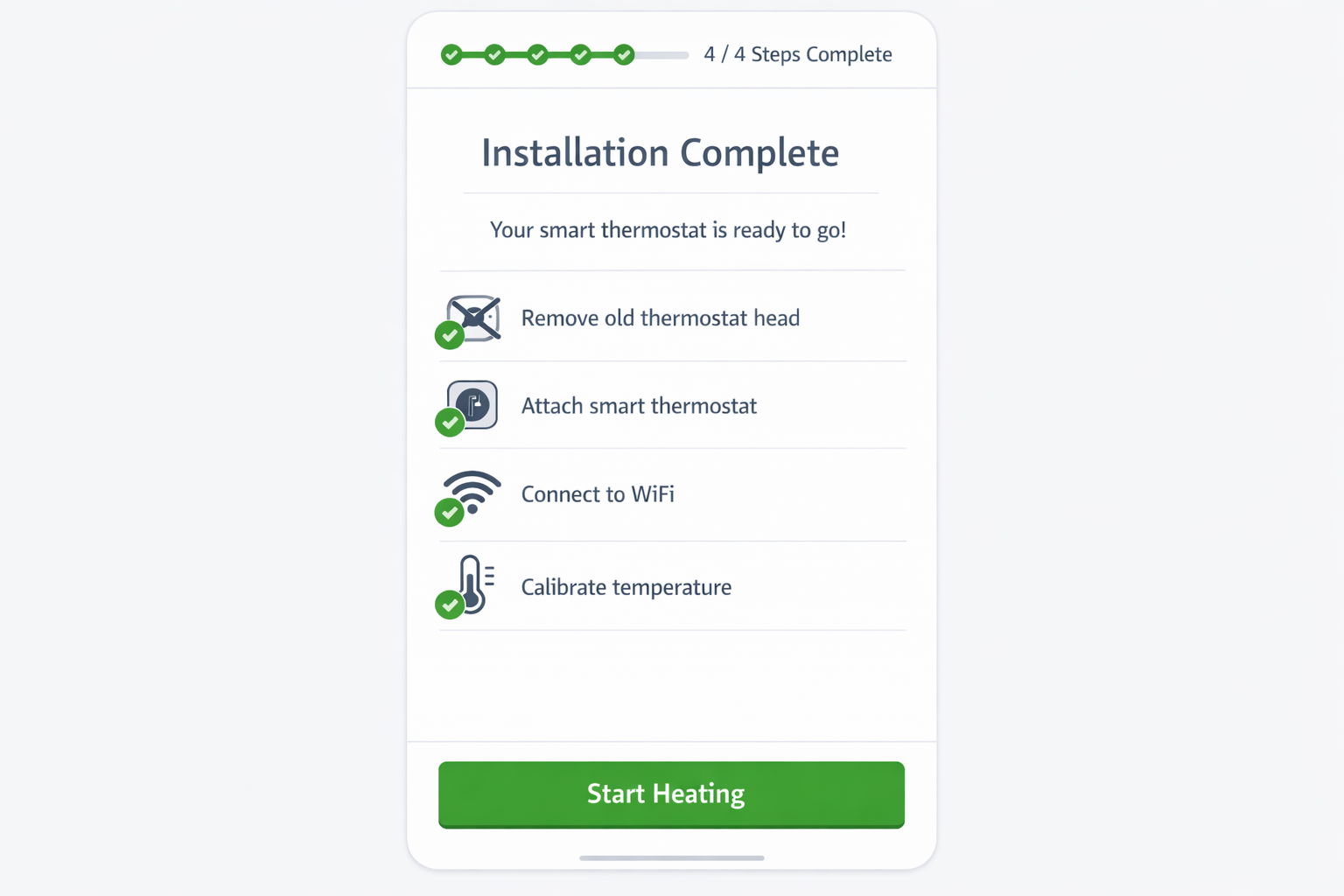Smart Thermostat Installations-App Screenshot mit Schritt-für-Schritt Anleitung zur Heizungssteuerung