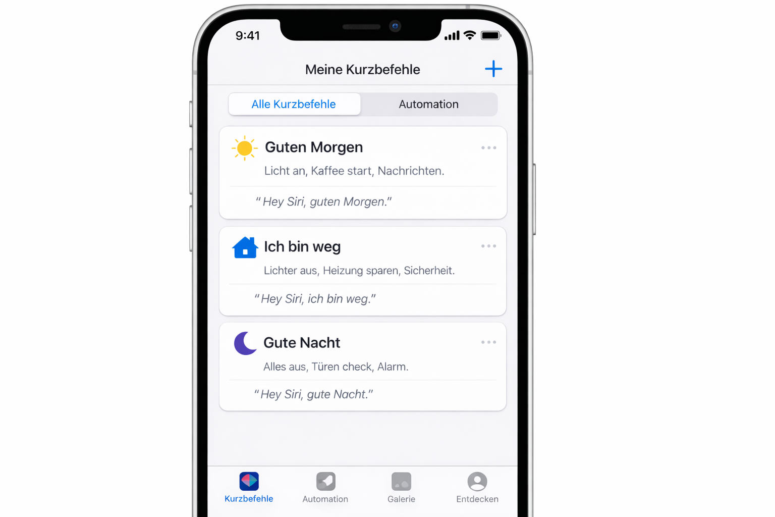 Siri Shortcuts App zeigt HomeKit Sprachbefehle für Smart Home Automatisierung auf Deutsch