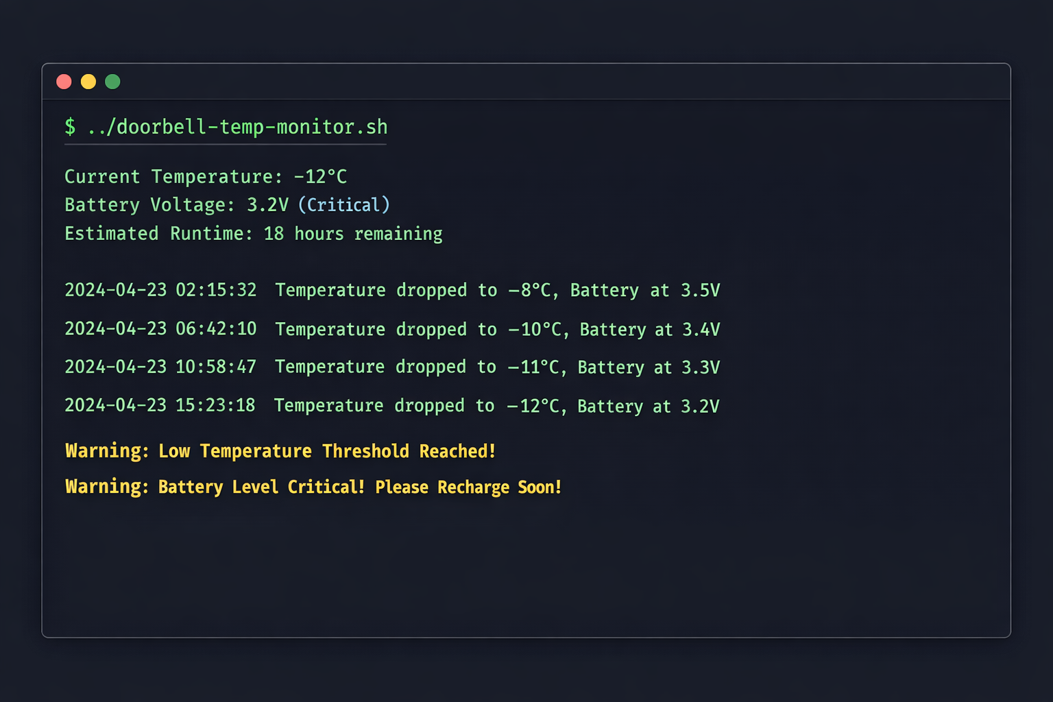 Terminal zeigt Temperatur-Monitoring Script für Video-Türklingel mit kritischem Akkustand bei -12°C