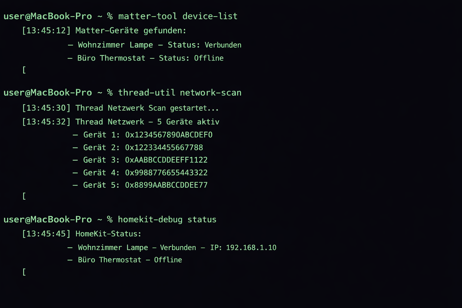 Terminal Screenshot mit Matter-Diagnose Befehlen und deutscher Geräte-Ausgabe für Fehlerbehebung