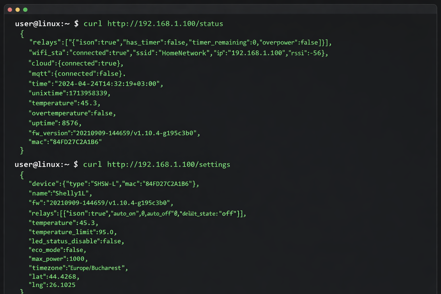 Shelly 1L API Konfiguration Terminal - Smart Switch Kommandozeilen Setup