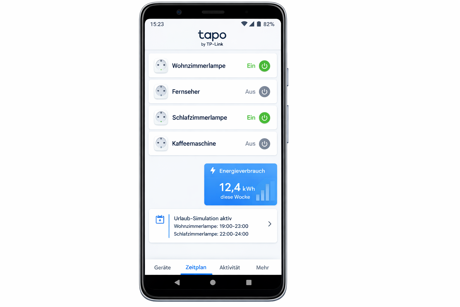 TP-Link Tapo App Screenshot mit smarten Steckdosen und Urlaub-Simulation für Einbruchschutz