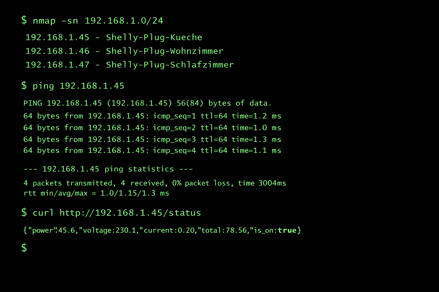 Linux Terminal Screenshot mit Netzwerk-Scan und Status-Abfrage von smarten Steckdosen