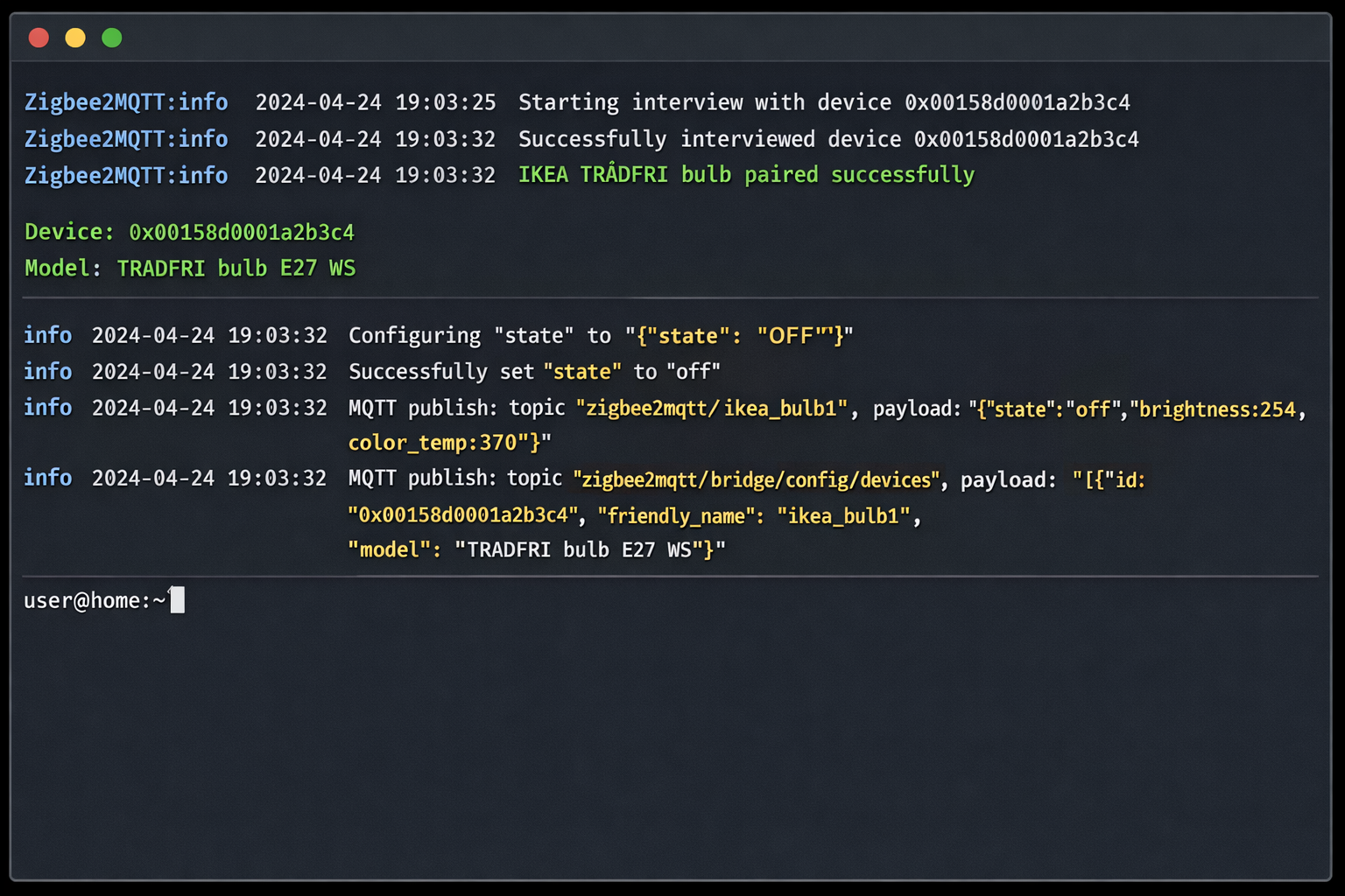Zigbee2MQTT Terminal-Output beim Pairing einer IKEA TRÅDFRI Smart-Lampe