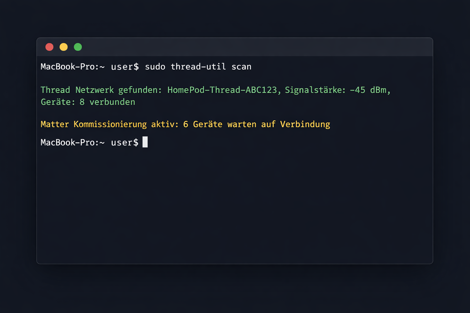 Terminal zeigt Thread-Netzwerk Diagnose für Smart Home Geräte nach Umzug