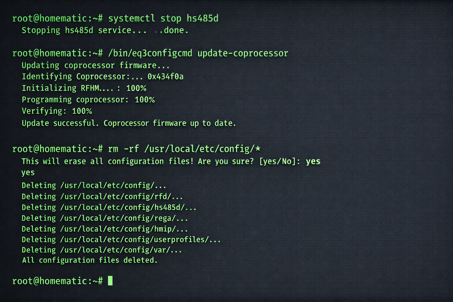 SSH Terminal mit CCU3 Factory Reset Befehlen für saubere Migration