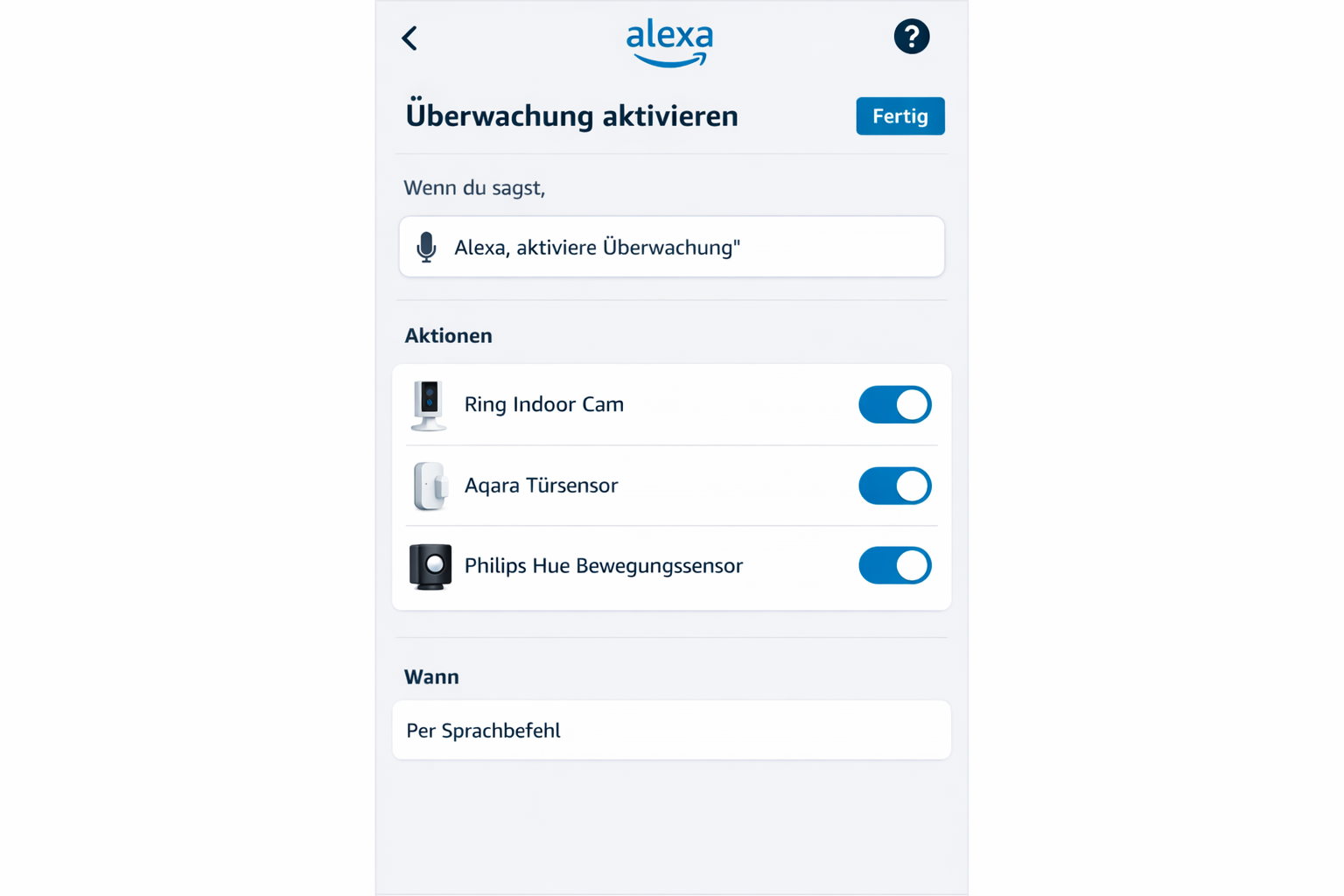 Alexa App Screenshot mit Routine-Einstellung für sprachgesteuerte Sicherheitsaktivierung