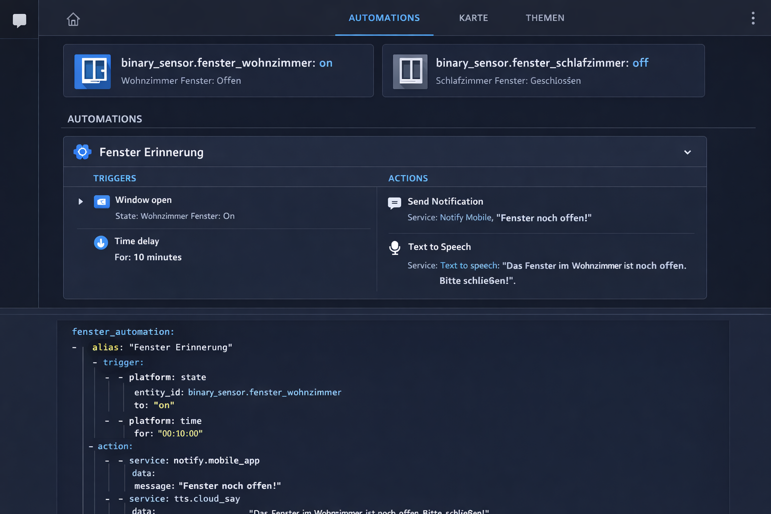 Home Assistant Dashboard mit Fenstersensor Automatisierung und YAML Konfiguration