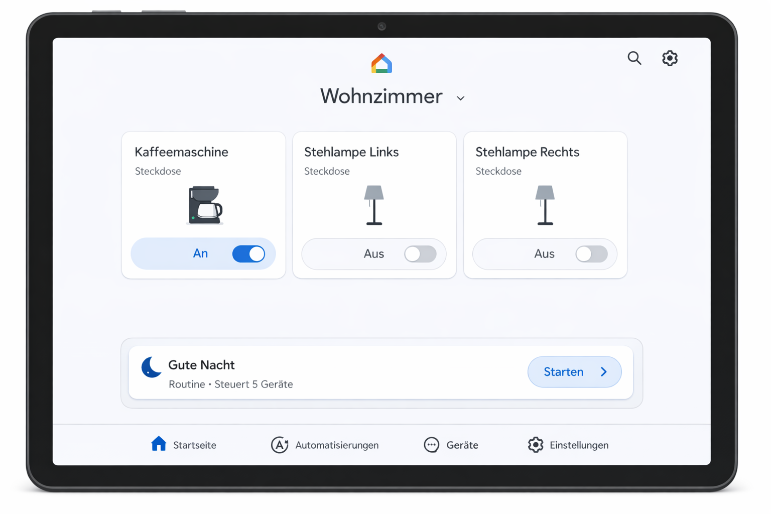 Google Home App auf Tablet mit Smart Steckdosen Verwaltung und Routinen-Setup